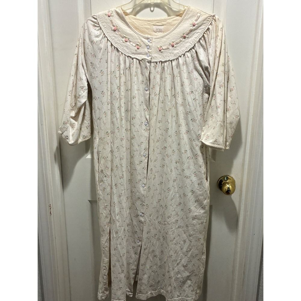 Aria Floral Nightgown Womens Cream Pink Rose Embroidered Snap Front Sleepwear